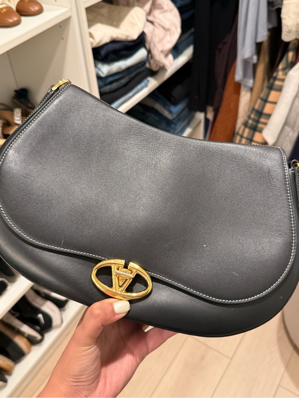 Valentino Garavani Black Leather Saddle Shoulder Bag with Gold V Logo